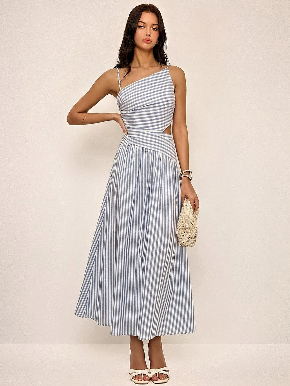 Commense Striped Cut-Out Asymmetric Cami Maxi Dress Size Medium